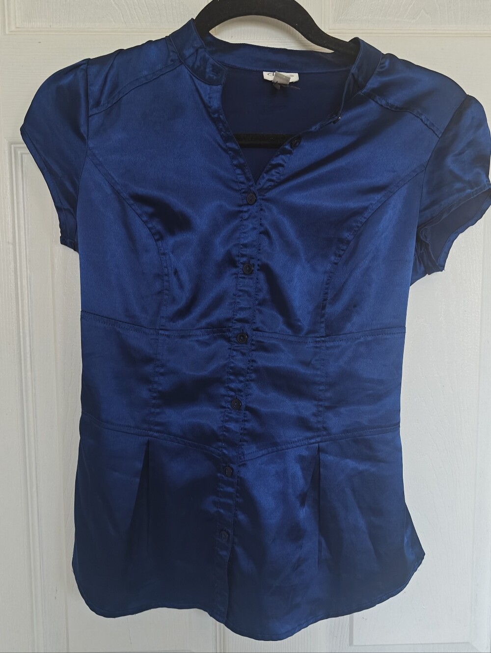 Dynamite Deep Blue Satin Short Sleeve Button-Up Blouse